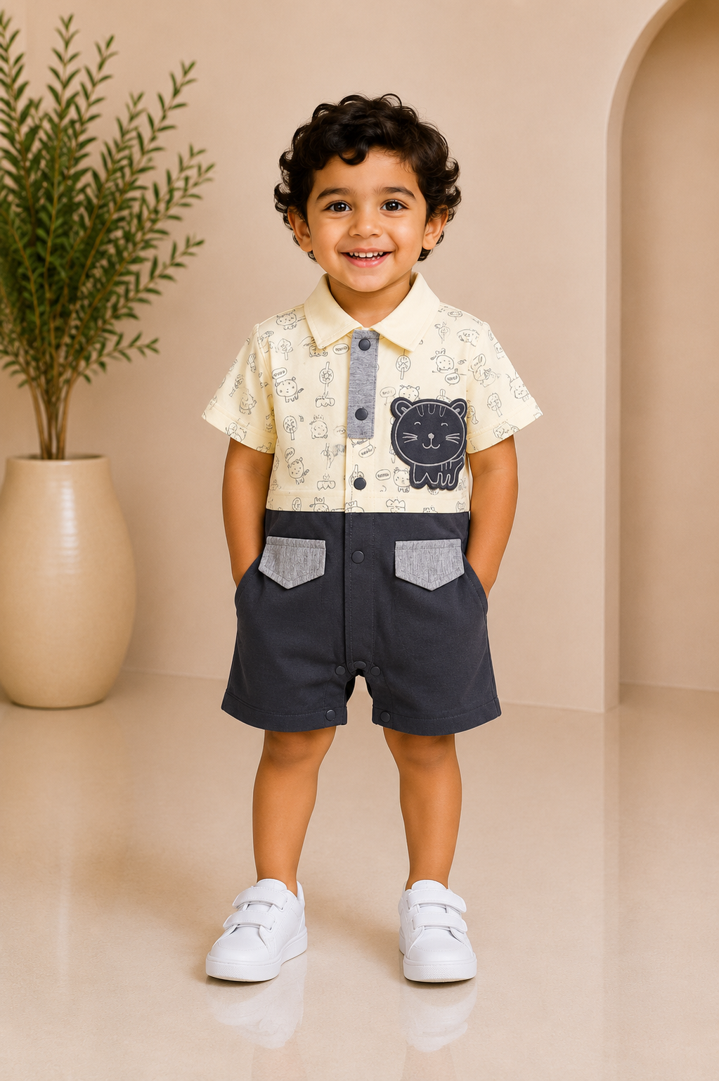 Baby boy cream doodle-print shirt with animal-face patch and charcoal shorts set