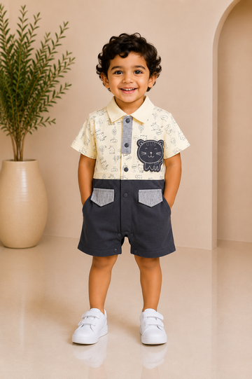 Baby boy cream doodle-print shirt with animal-face patch and charcoal shorts set
