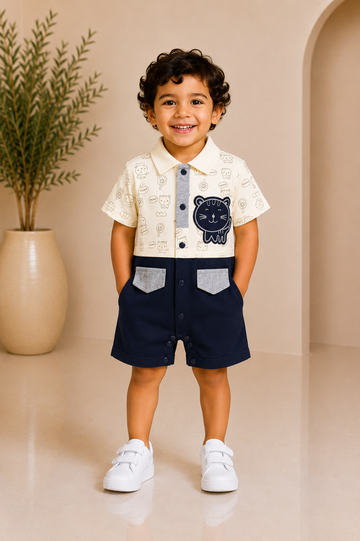 Baby boy cream doodle-print shirt with animal-face patch and navy shorts set
