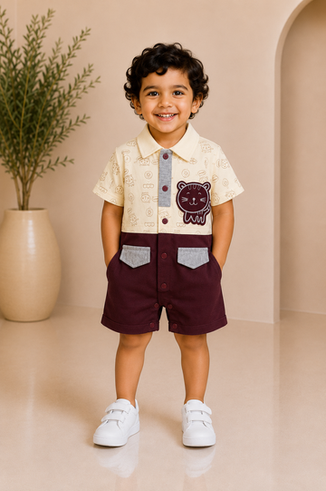 Baby boy cream doodle-print shirt with animal-face patch and maroon shorts set