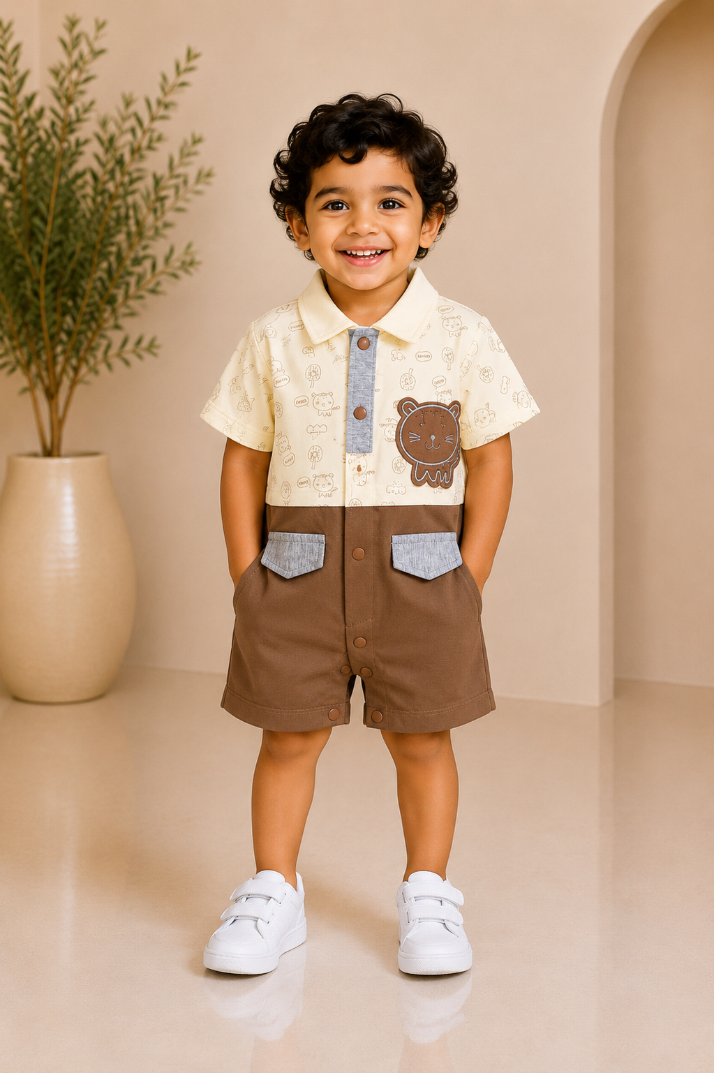 Baby boy cream doodle-print shirt with bear-face patch and brown shorts set