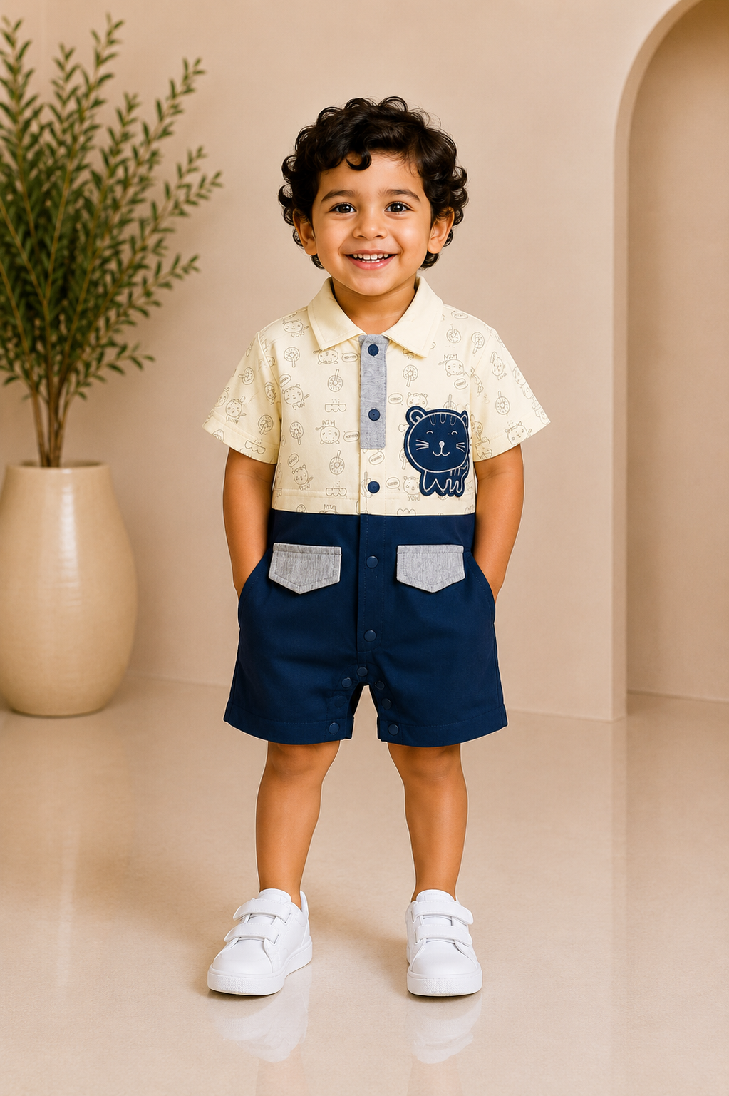 Baby boy cream doodle-print shirt with animal-face patch and indigo shorts set