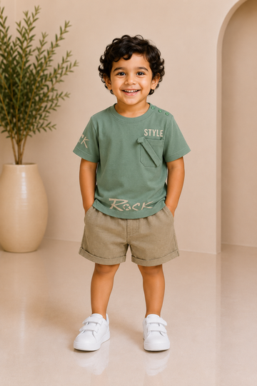 Baby boy sage green 'Style Rock' slogan tee and shorts set
