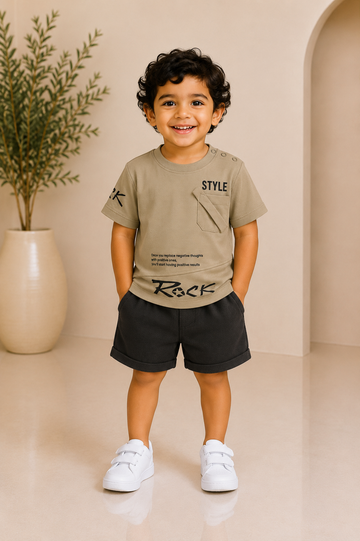 Baby boy khaki 'Style Rock' slogan tee and shorts set