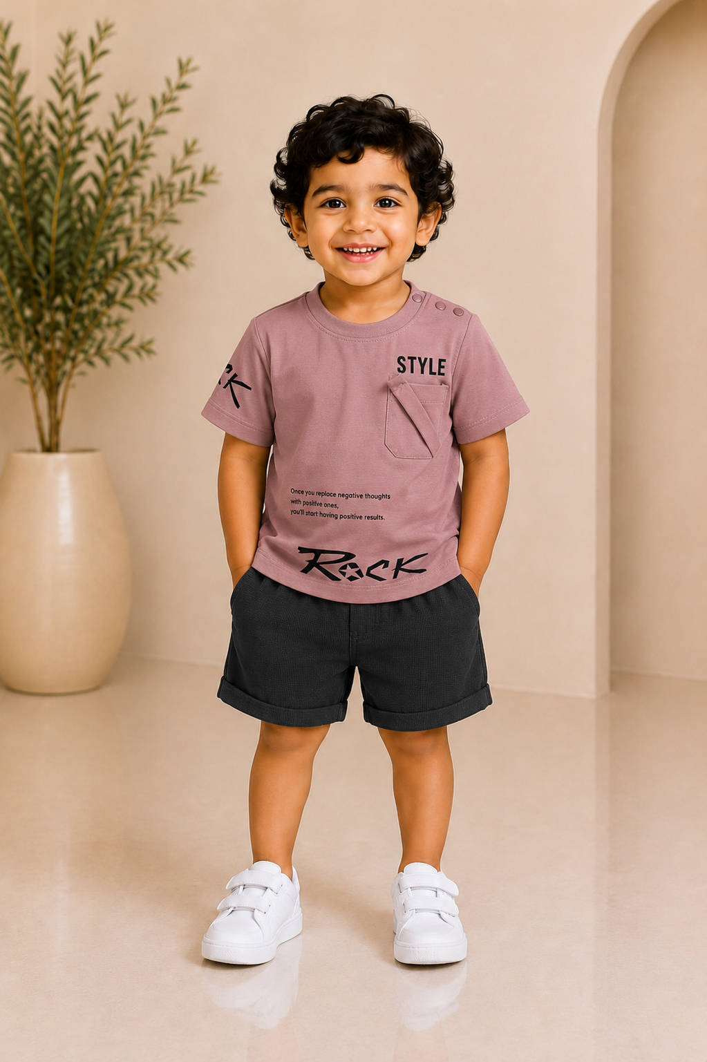 Baby boy mauve 'Style Rock' slogan tee and shorts set