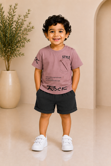 Baby boy mauve 'Style Rock' slogan tee and shorts set