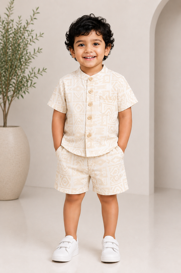 Butter Yellow Heritage Printed Co-Ord Set for Baby Boys