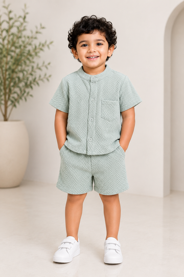 Sage Green Textured Mandarin Collar Co-Ord Set for Baby Boys
