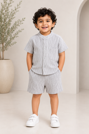 Silver Mist Textured Mandarin Collar Co-Ord Set for Baby Boys