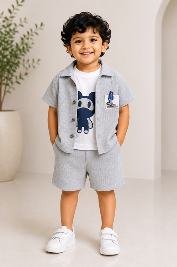 Silver Cloud 3-Piece Textured Co-Ord Set for Baby Boys