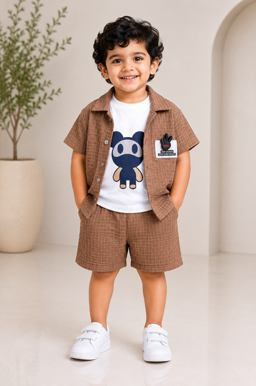 Mocha Brown 3-Piece Textured Co-Ord Set for Baby Boys
