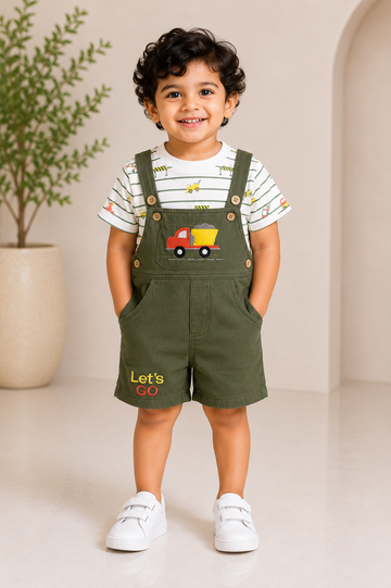 Olive Green Dungaree Shorts Set for Baby Boys