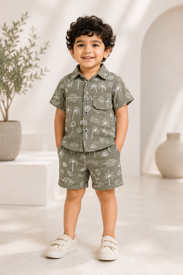 Olive Tropics Co-Ord Set for Boys | Palm Print Shirt & Shorts