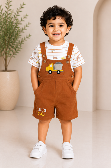 Rust Brown Dungaree Shorts Set for Baby Boys