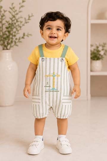 Sunny Yellow Construction Print Dungaree Set for Baby Boys