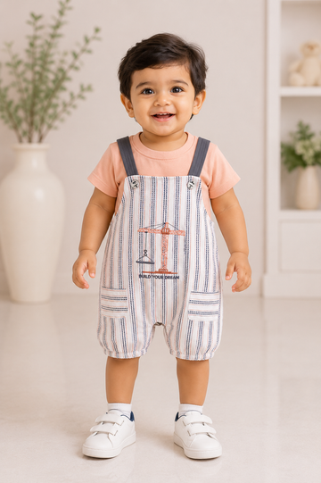 Peach Construction Theme Dungaree Set for Baby Boys