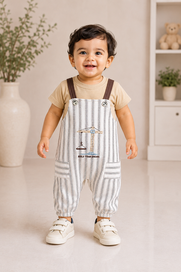 Beige Construction Theme Dungaree Jumpsuit Set for Baby Boys