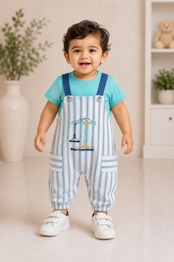 Aqua Blue Construction Theme Dungaree Jumpsuit Set for Baby Boys