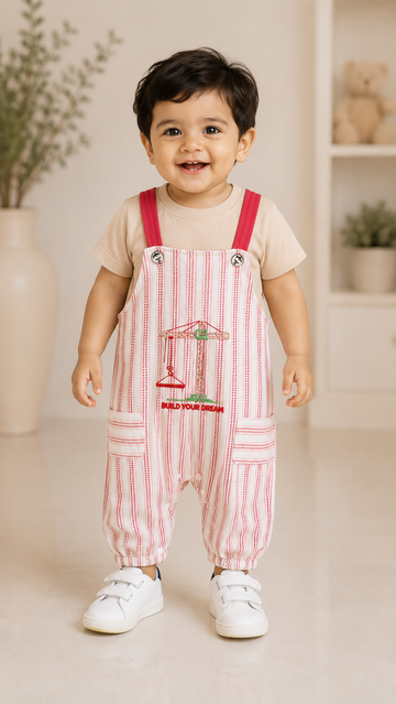 Red Construction Theme Dungaree Jumpsuit Set for Baby Boys
