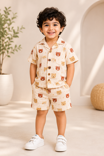 Teddy Tales Co-Ord Set for Boys | Teddy Bear Print Shirt & Shorts