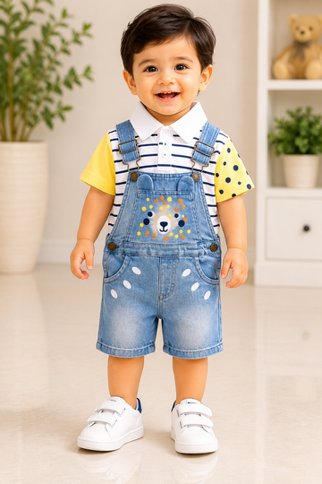 Cute Bear Denim Dungaree Set for Baby Boys