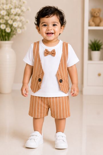Classic Camel Stripe Waistcoat Co-Ord Set for Baby Boys