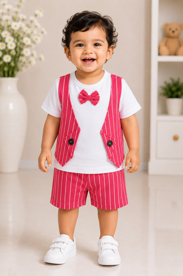 Bright Pink Stripe Waistcoat Party Wear Set for Baby Boys