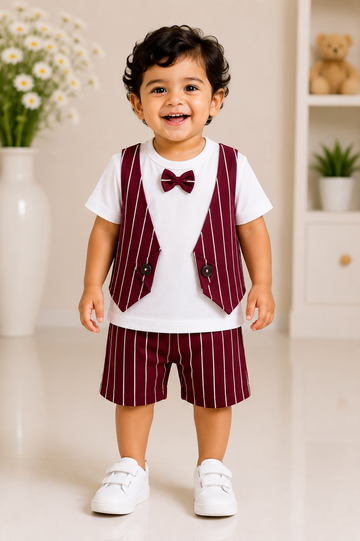 Royal Maroon Stripe Waistcoat Party Wear Set for Baby Boys