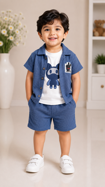 Dusty Blue 3-Piece Textured Co-Ord Set for Baby Boys