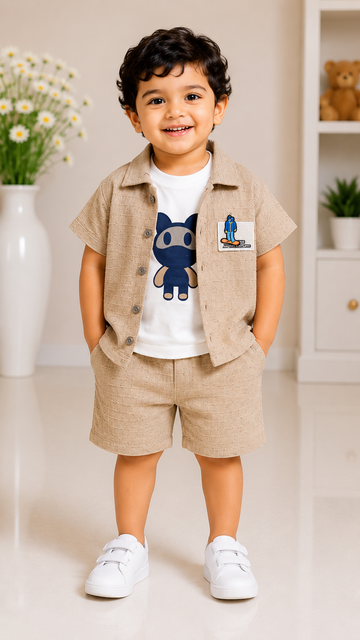 Beige Sand 3-Piece Textured Co-Ord Set for Baby Boys
