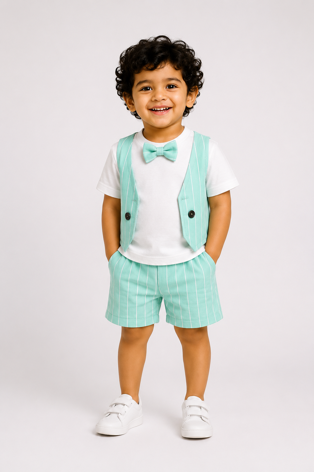 Mint green striped little gentleman outfit set for boys with shirt and matching bottoms
