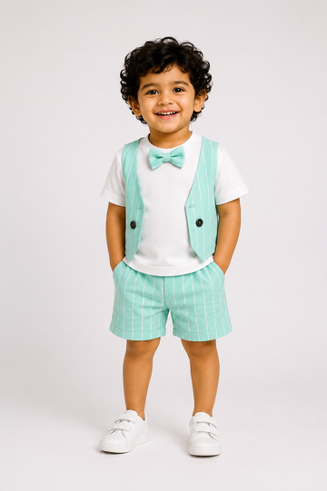 Mint green striped little gentleman outfit set for boys with shirt and matching bottoms