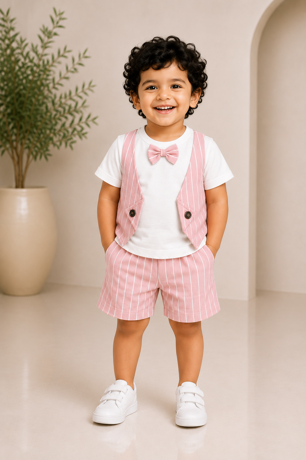 Blush pink striped little gentleman outfit set for boys with shirt and matching bottoms