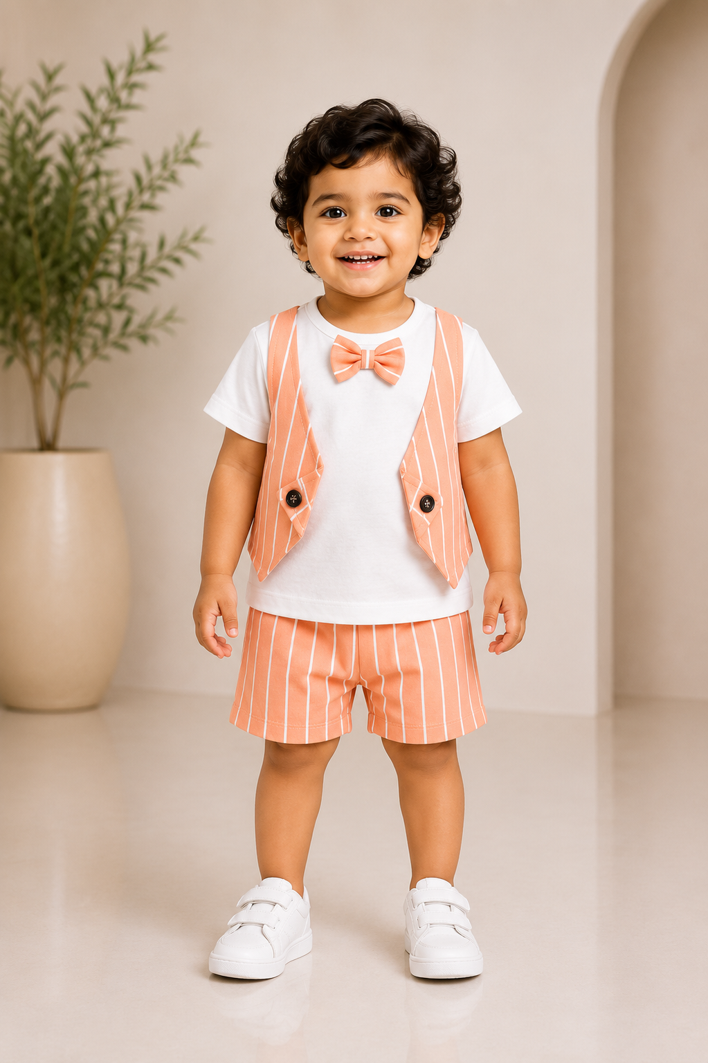 Peach striped little gentleman outfit set for boys with shirt and matching bottoms