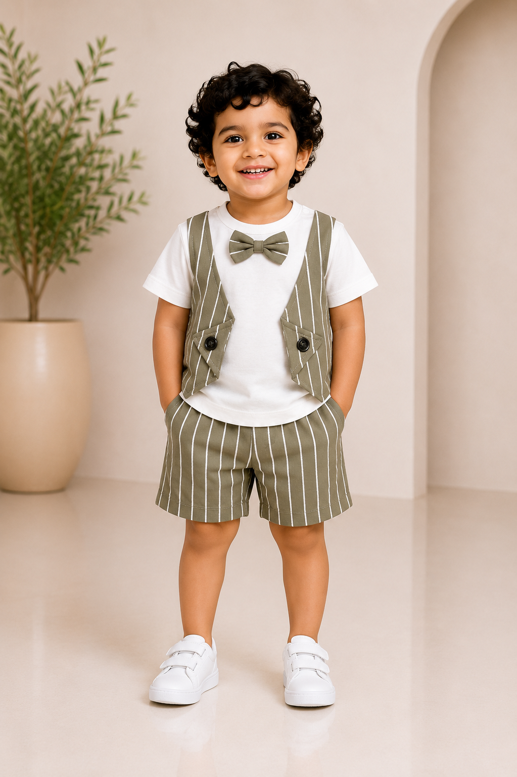 Olive green striped little gentleman outfit set for boys with shirt and matching bottoms