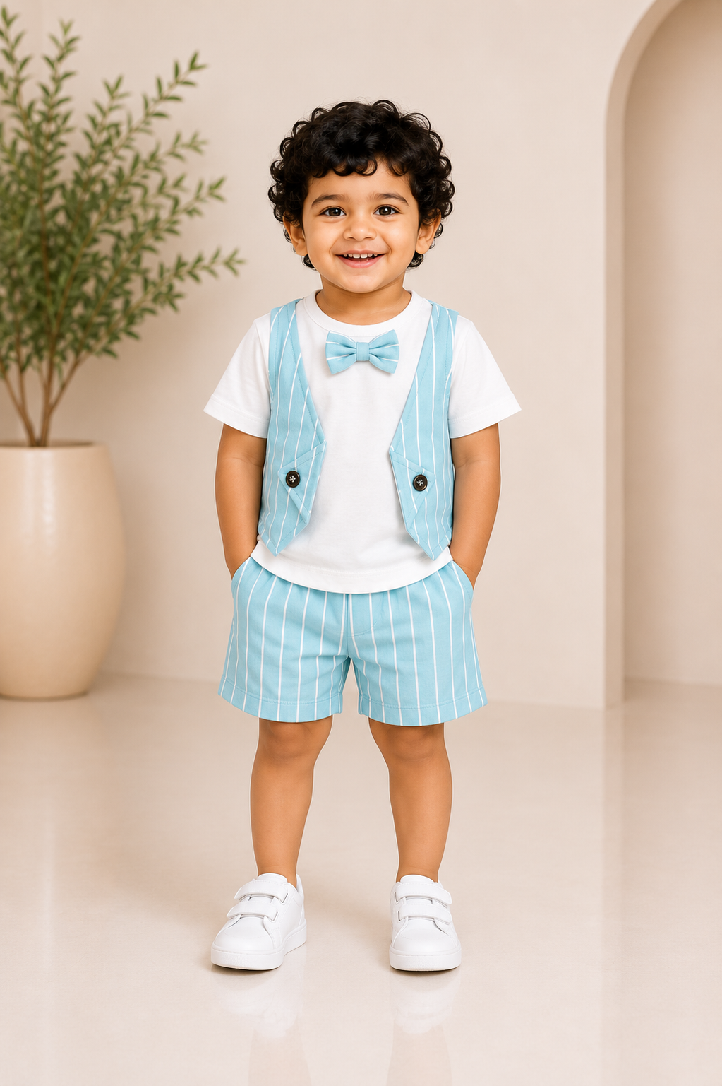 Sky blue striped little gentleman outfit set for boys with shirt and matching bottoms