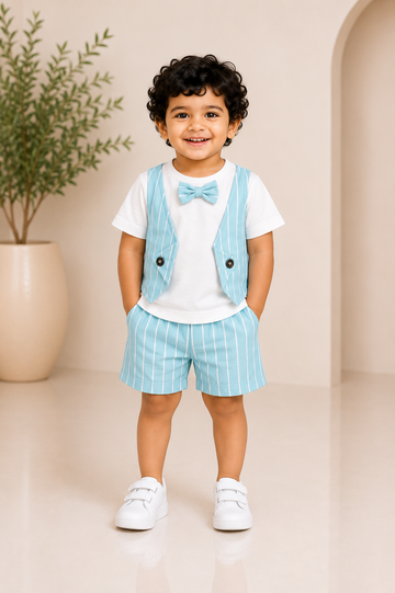 Sky blue striped little gentleman outfit set for boys with shirt and matching bottoms