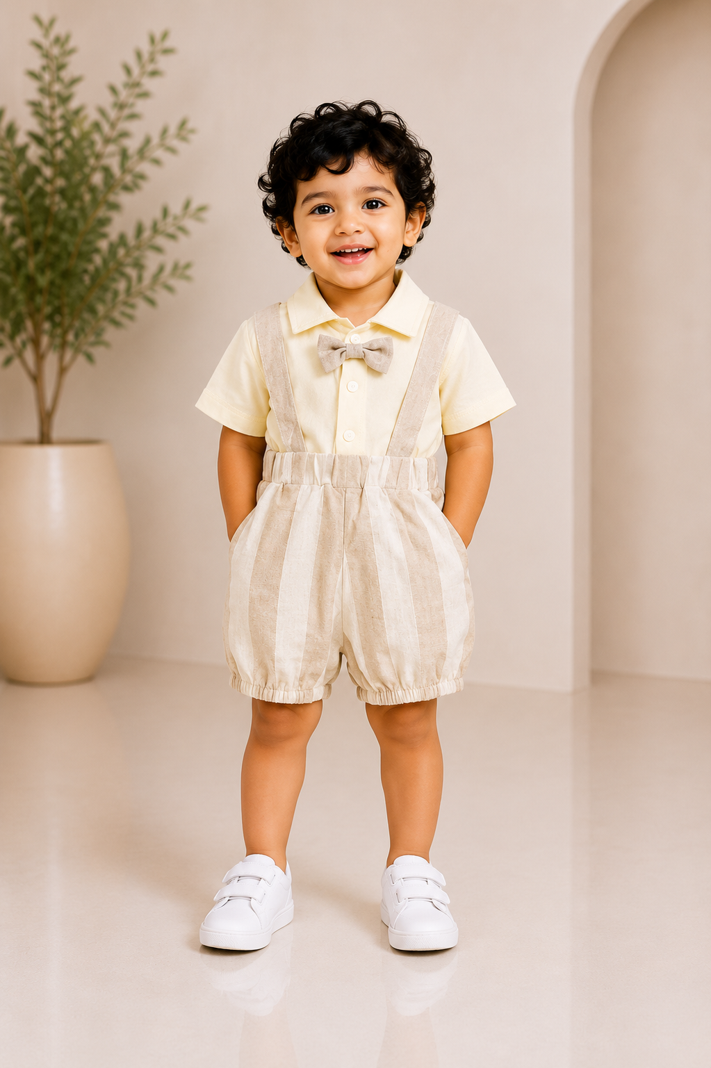 Ivory classic suspender partywear set for boys with shirt, shorts and suspenders