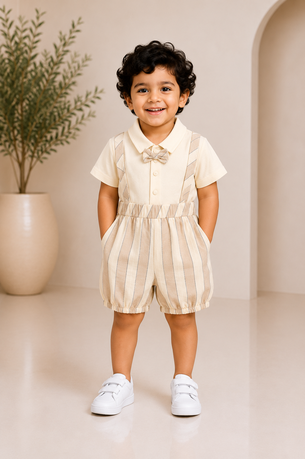 Beige striped suspender partywear set for boys with shirt, shorts and suspenders