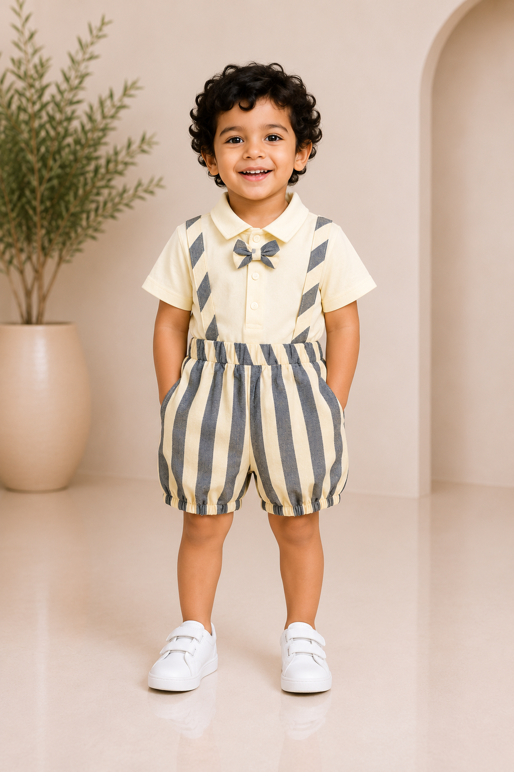 Grey striped suspender partywear set for boys with shirt, shorts and suspenders