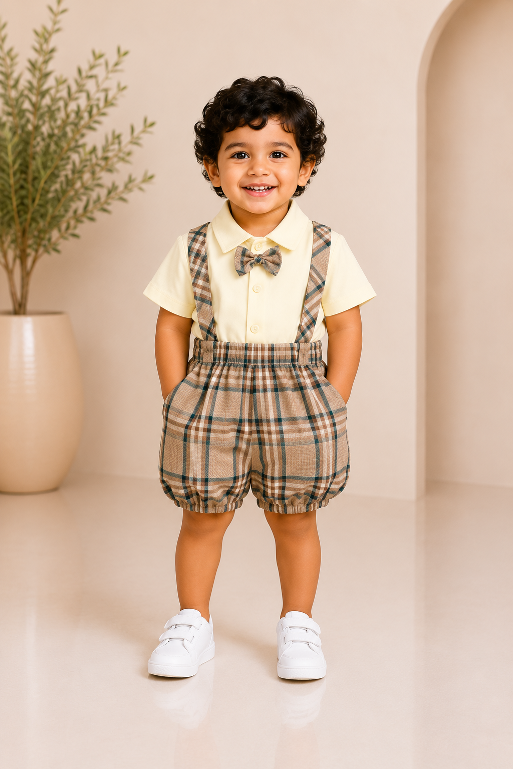 Brown check suspender boys partywear set with cream shirt and bow tie