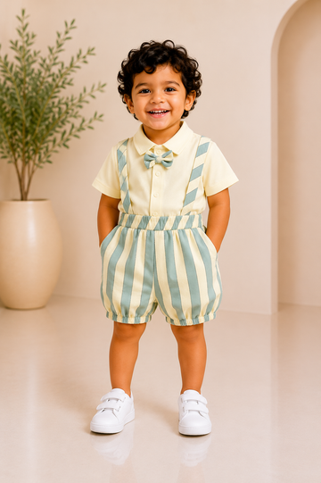 Sage green striped suspender partywear set for boys with shirt, shorts and suspenders