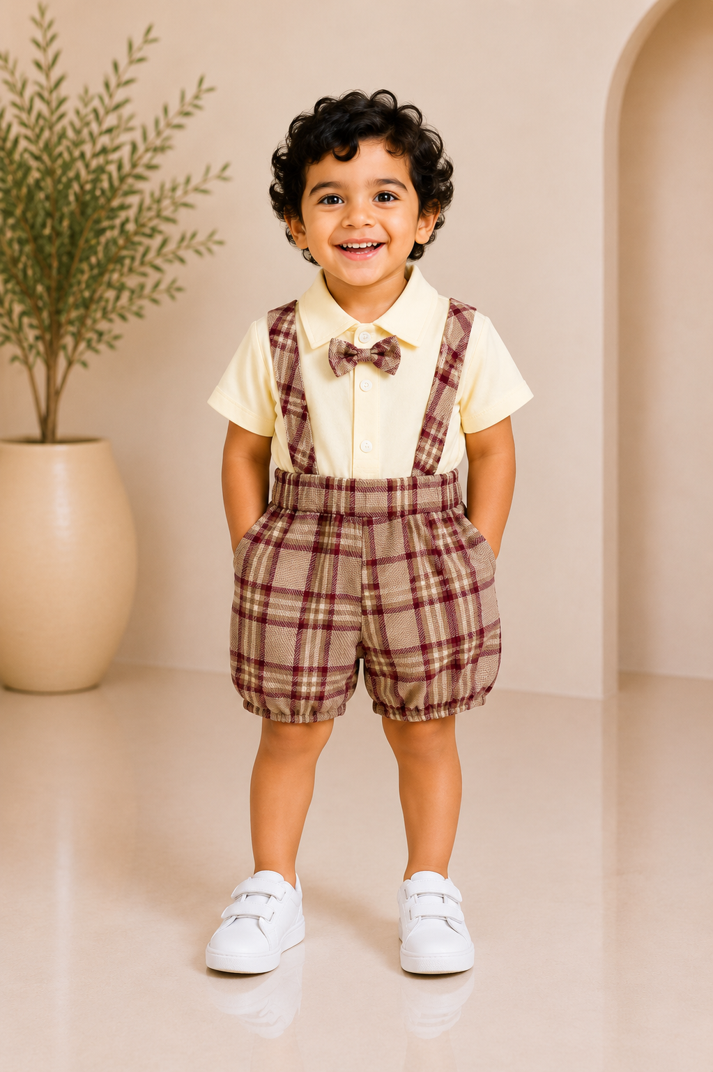 Burgundy check suspender boys partywear set with cream shirt and bow tie