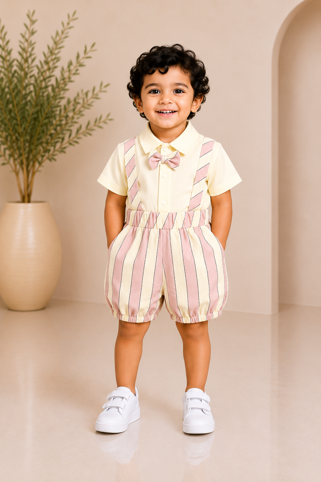 Blush pink stripe suspender boys partywear set with cream shirt and bow tie