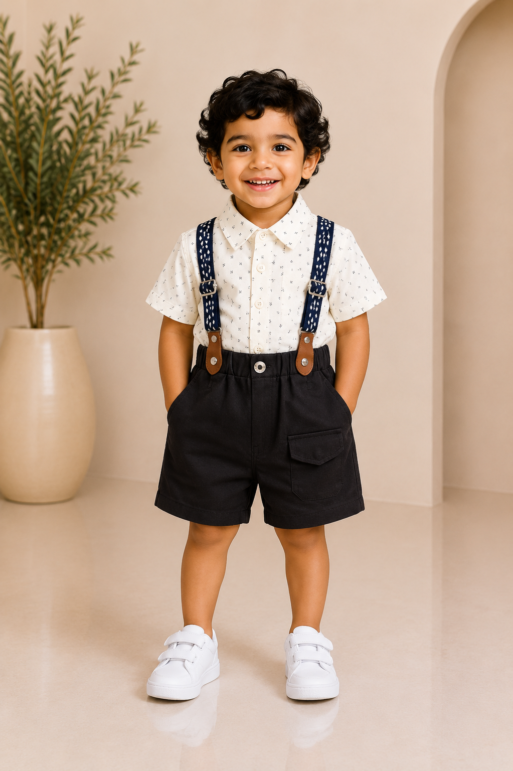 Navy suspender and black shorts boys partywear set with printed shirt