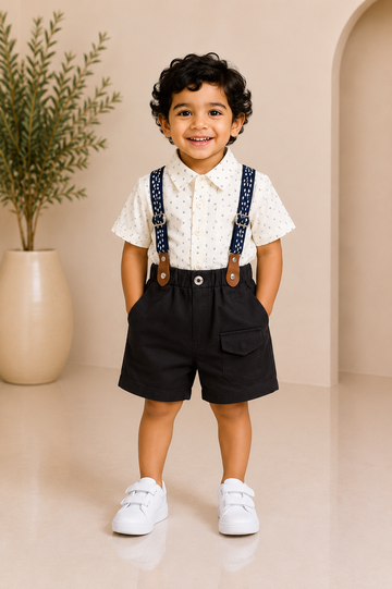 Navy Suspender & Black Shorts Boys Partywear Set