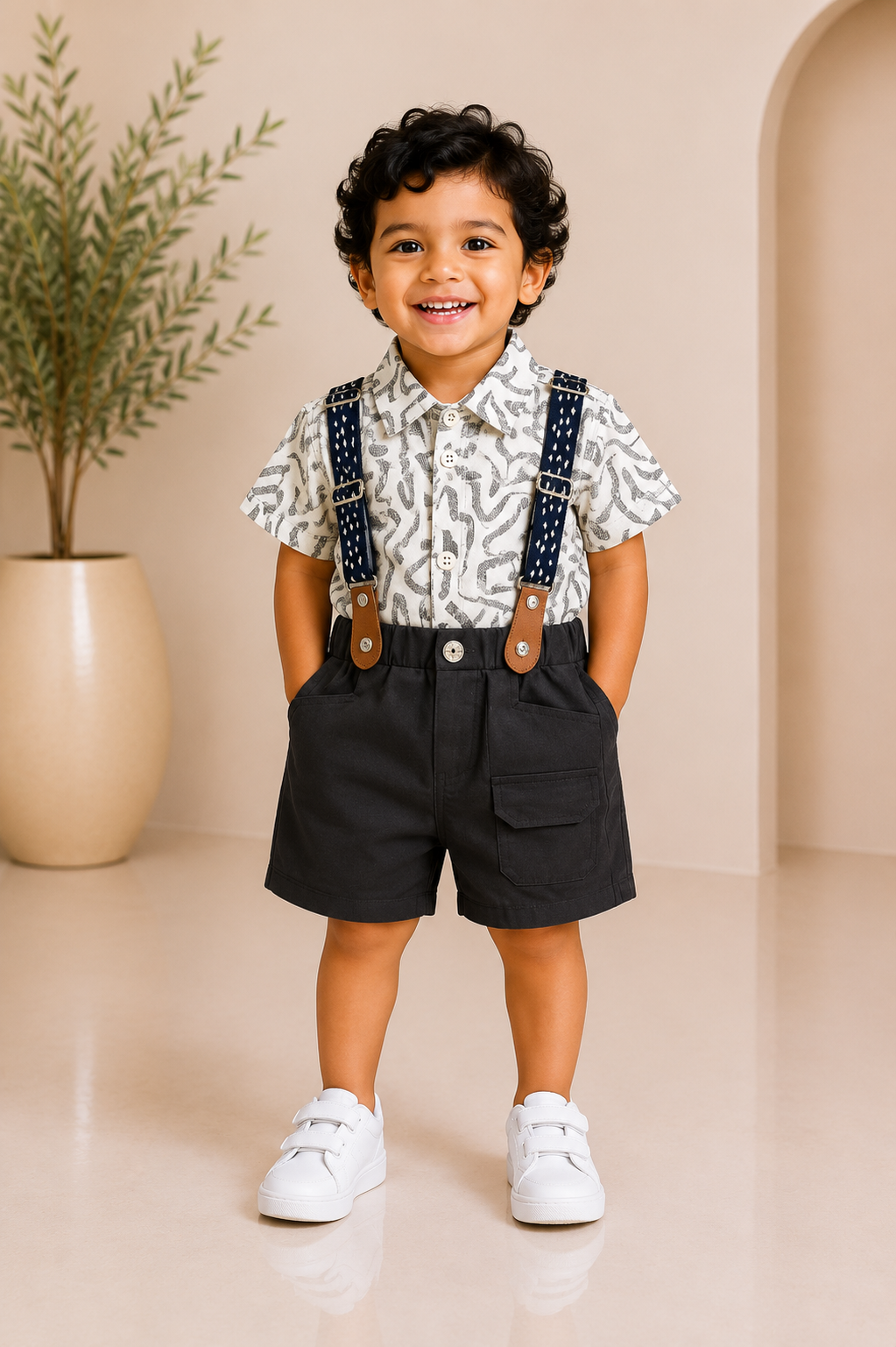 Monochrome print suspender boys partywear set with black shorts