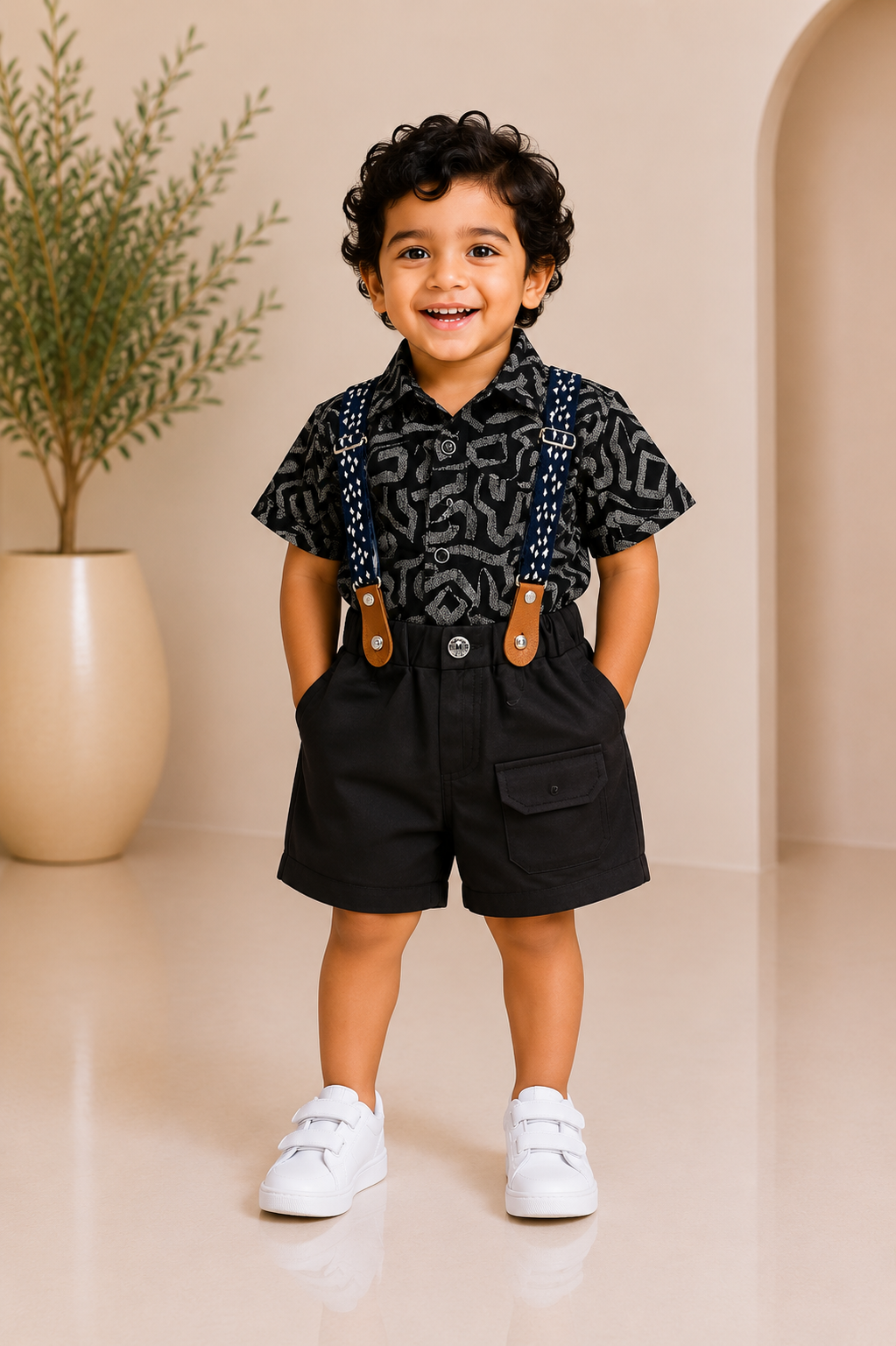 Black abstract print suspender boys partywear set with matching shorts