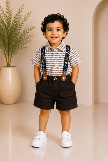 Brown printed suspender partywear set for boys with cream collared shirt, navy suspenders and dark charcoal shorts