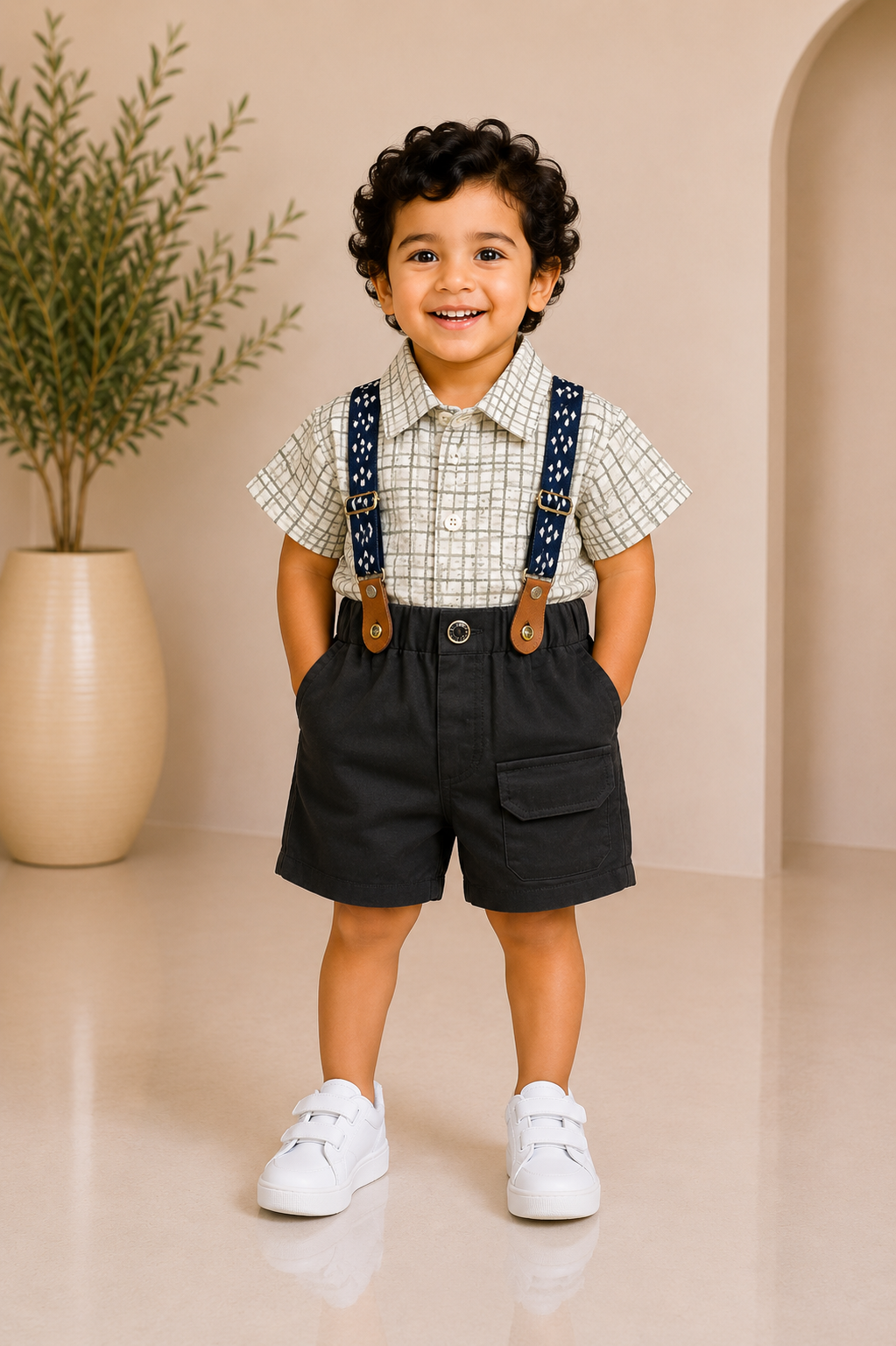 Beige checked suspender partywear set for boys with collared shirt, navy suspenders and dark charcoal shorts